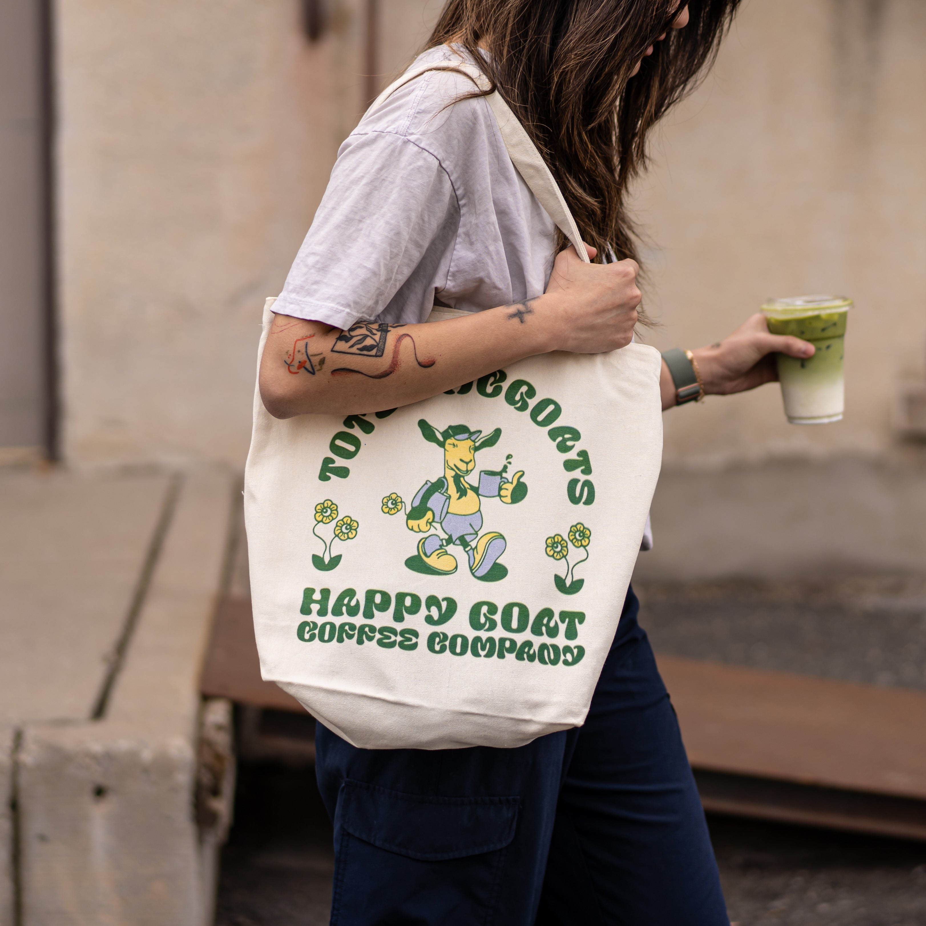 Happy Goat Coffee Tote Bag, worn by model