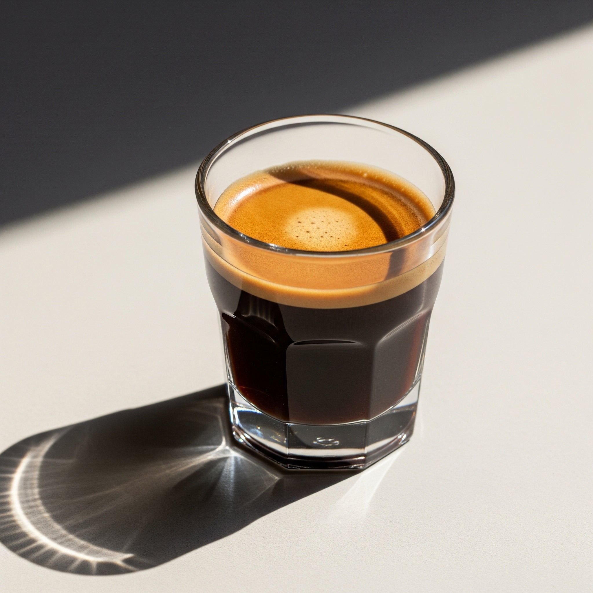 An espresso shot with thick crema and sophisticated flavours