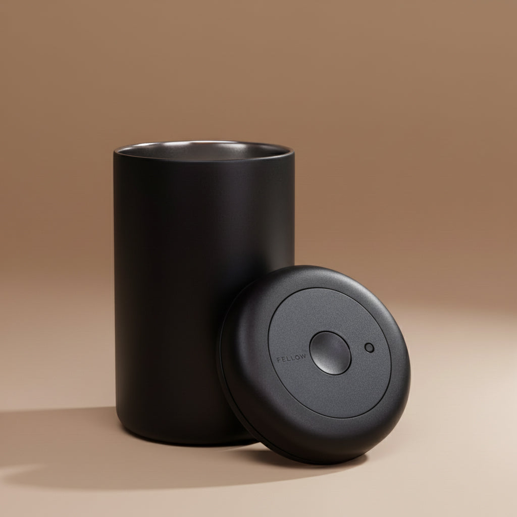 Black fellow cylindrical cannister with a lid on a beige background