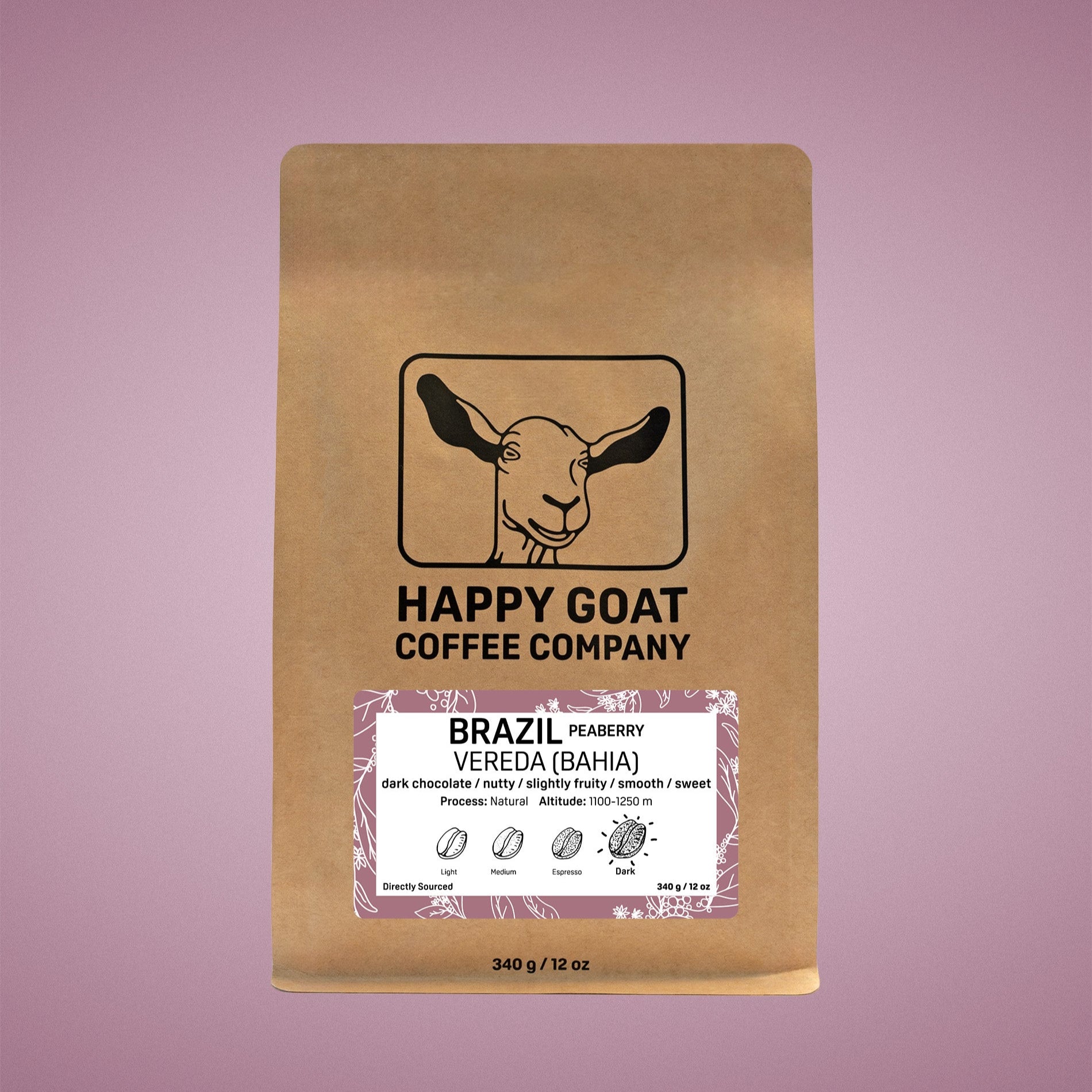 Brazil Peaberry whole bean dark roast coffee bag