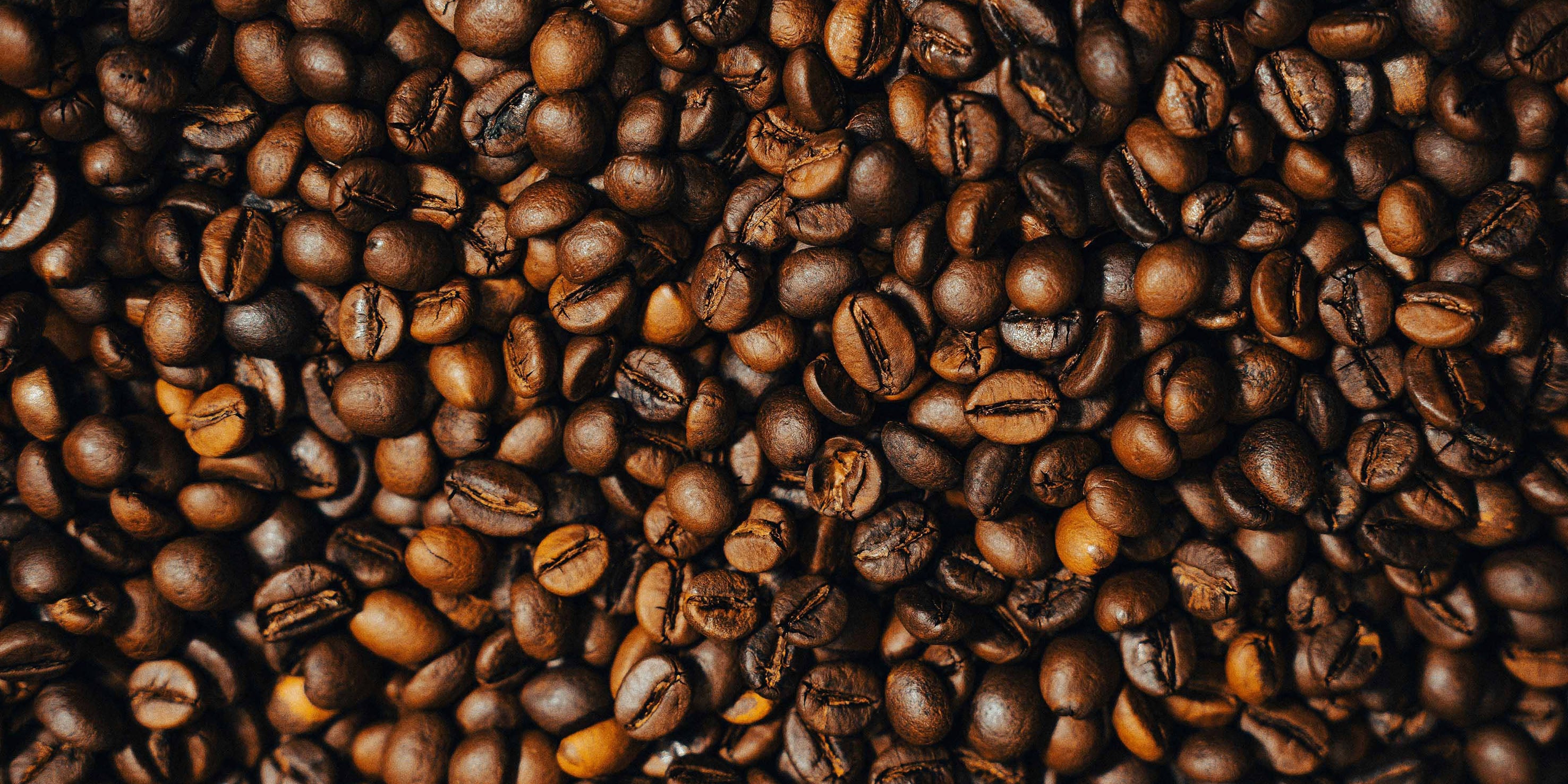 Close-up of roasted coffee beans with a rich brown color.