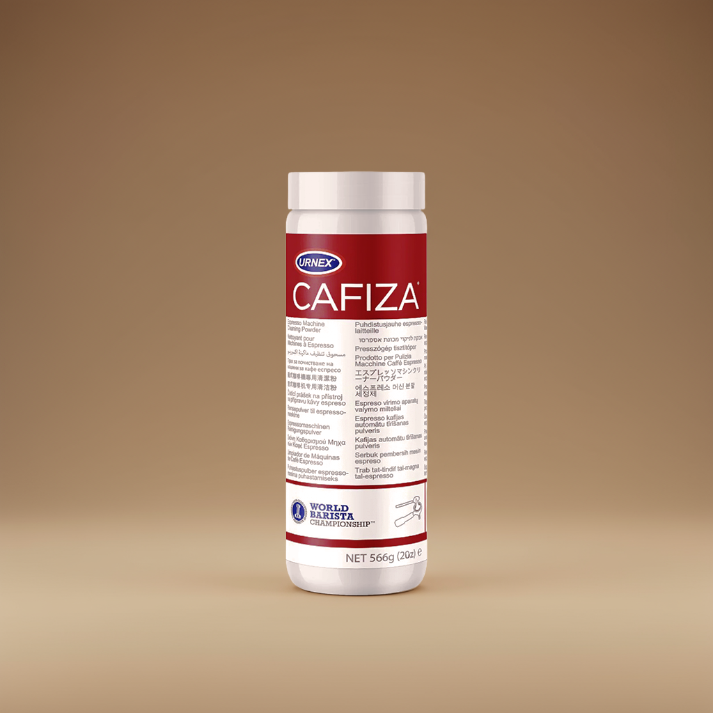 Canister of Cafiza espresso machine cleaner powder on a brown background