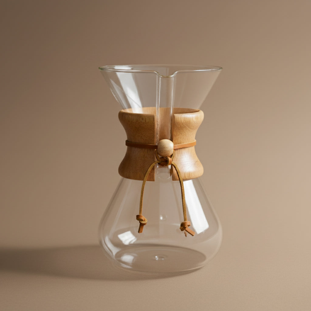 Clear glass chemex 6 cup coffee maker with wooden collar on a beige background