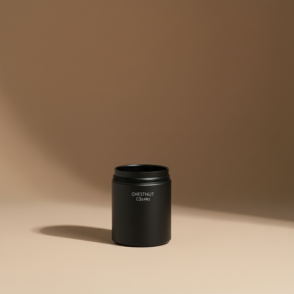 Black cylindrical container with 'Chestnut C35 Pro' text on a beige background