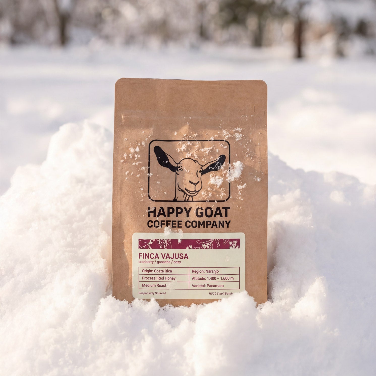 Happy Goat Coffee Company Costa Rica coffee bag in the snow