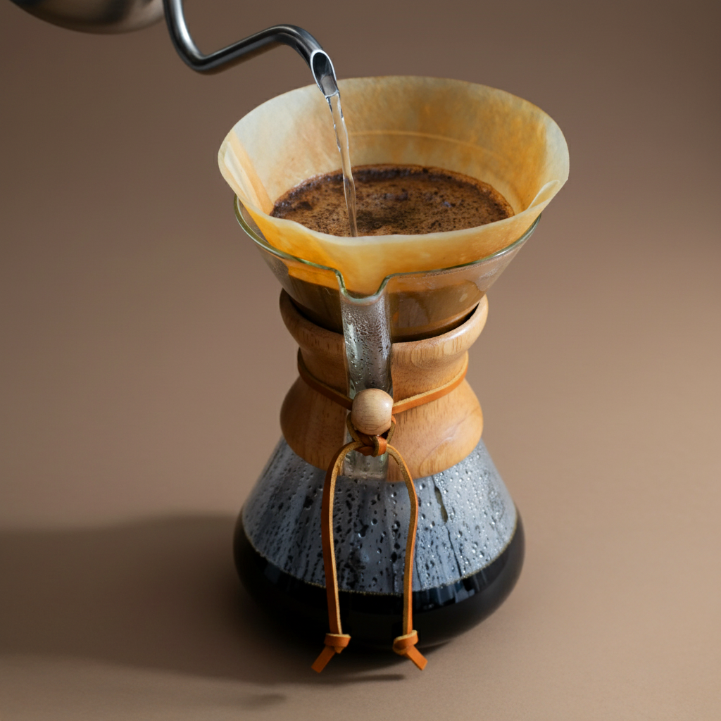 Coffee being poured into a wooden and glass Chemex coffee maker on a brown background