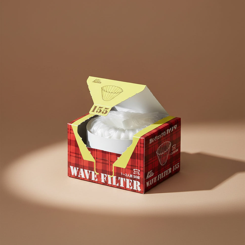 Kalita wave filter packaging with a red and yellow design on a beige background