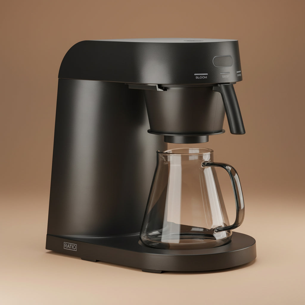 ratio four black coffee maker with glass carafe on a beige background side view