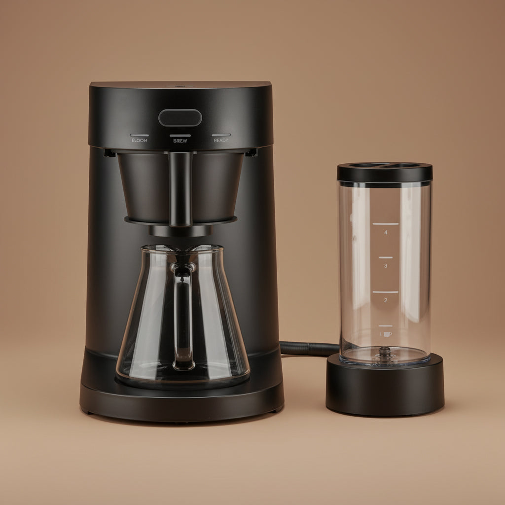 ratio four black coffee maker with glass carafe on a beige background front view