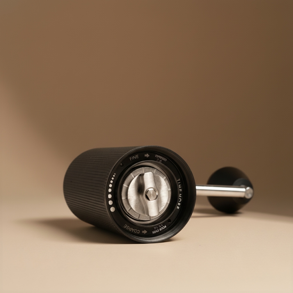 Black timemore C3s PRO manual coffee grinder with metallic handle laying down and open on a brown background